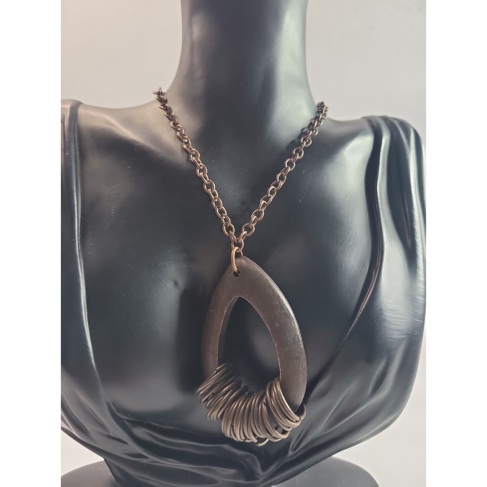 Artisan Wire Wrapped Pendant Necklace Copper Tone Modernist Brutalist Boho Jewel